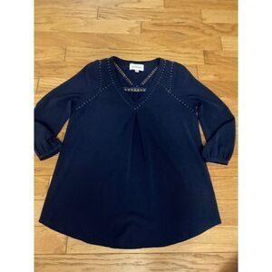 Sabine Women's Navy Blue Blouse With Crochet Trim Long Sleeves V-Neck Size XS